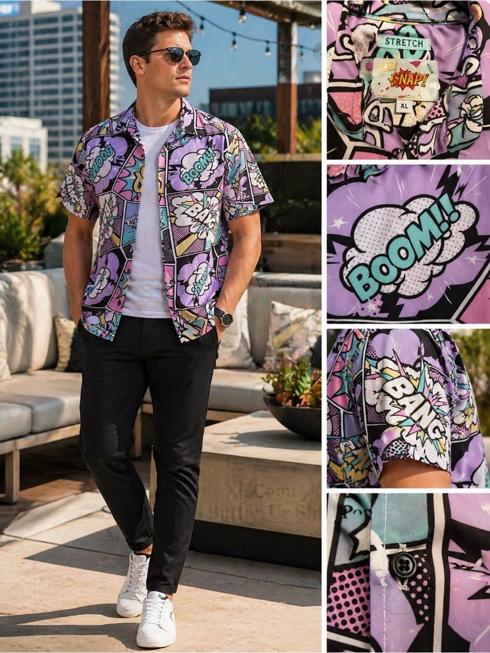 Oh Snap Mens XL Comic Print Short Sleeve Button Up Shirt Pop Art
